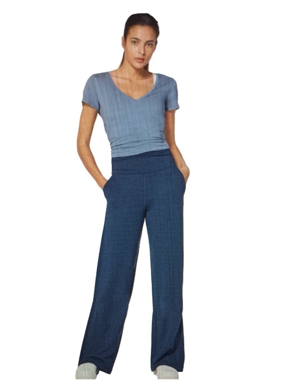 Lululemon Take It Easy Pants Womens Blue High Rise Ruched Waist Band Yoga Sz 4